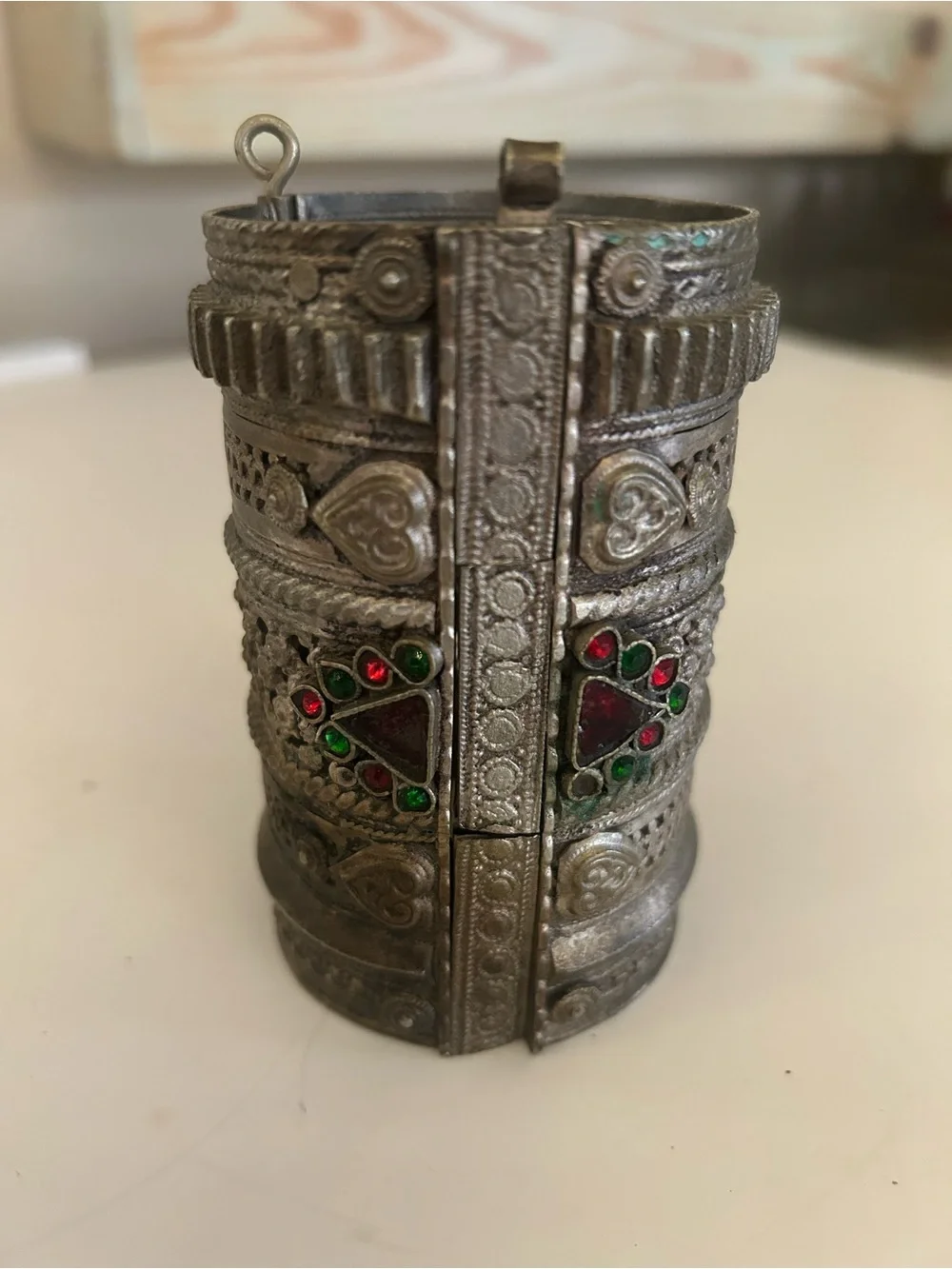 Ornate Silver-Tone Decorative Cuff with Red & Green Stones from India